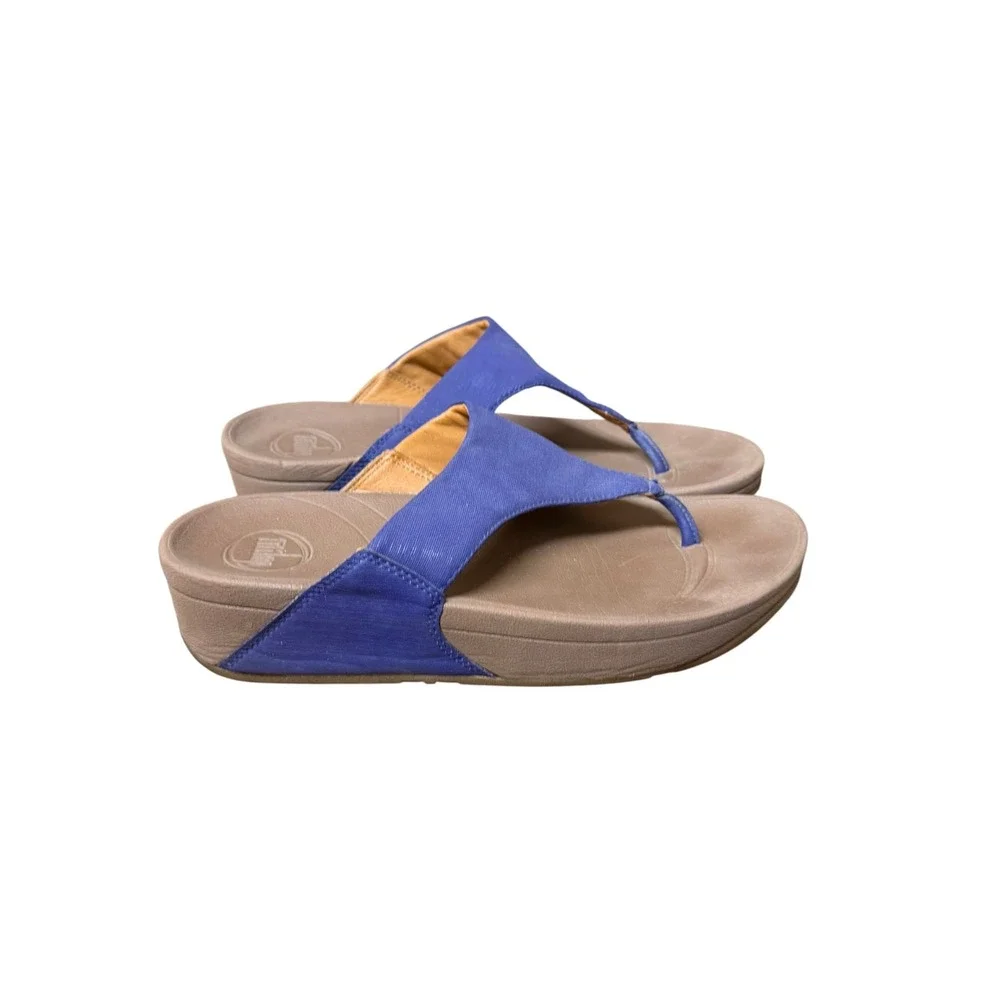 FitFlop Women's Microwobbleboard Blue Fabric Thong Wedge Sandals Size 7